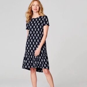 J Jill Dress Womens XL Navy Blue Paisley Ruffle Hem Short Sleeve Knit Casual